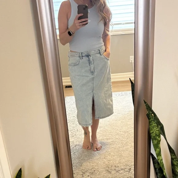 George Light Blue Denim Midi Skirt with Center Front Slit - Picture 1 of 8